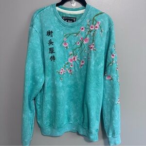 Blind Rooster Jade Green Tie Dye Sweatshirt Embroidered Cherry Blossoms LArge